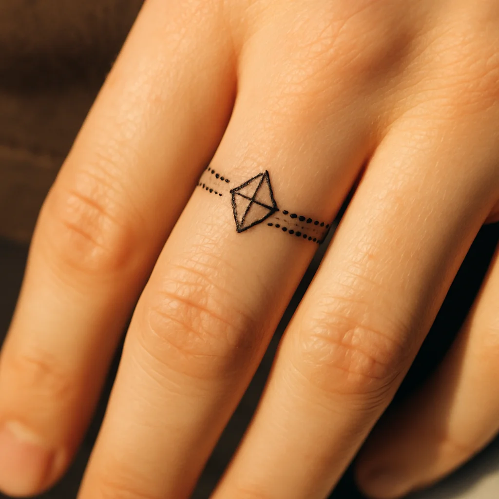 Dotted band with outlined diamond tattooed at the base of a finger