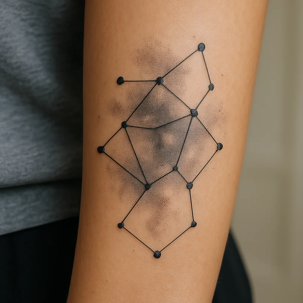 Dotwork constellation star chart tattoo on a woman's outer forearm in black and grey