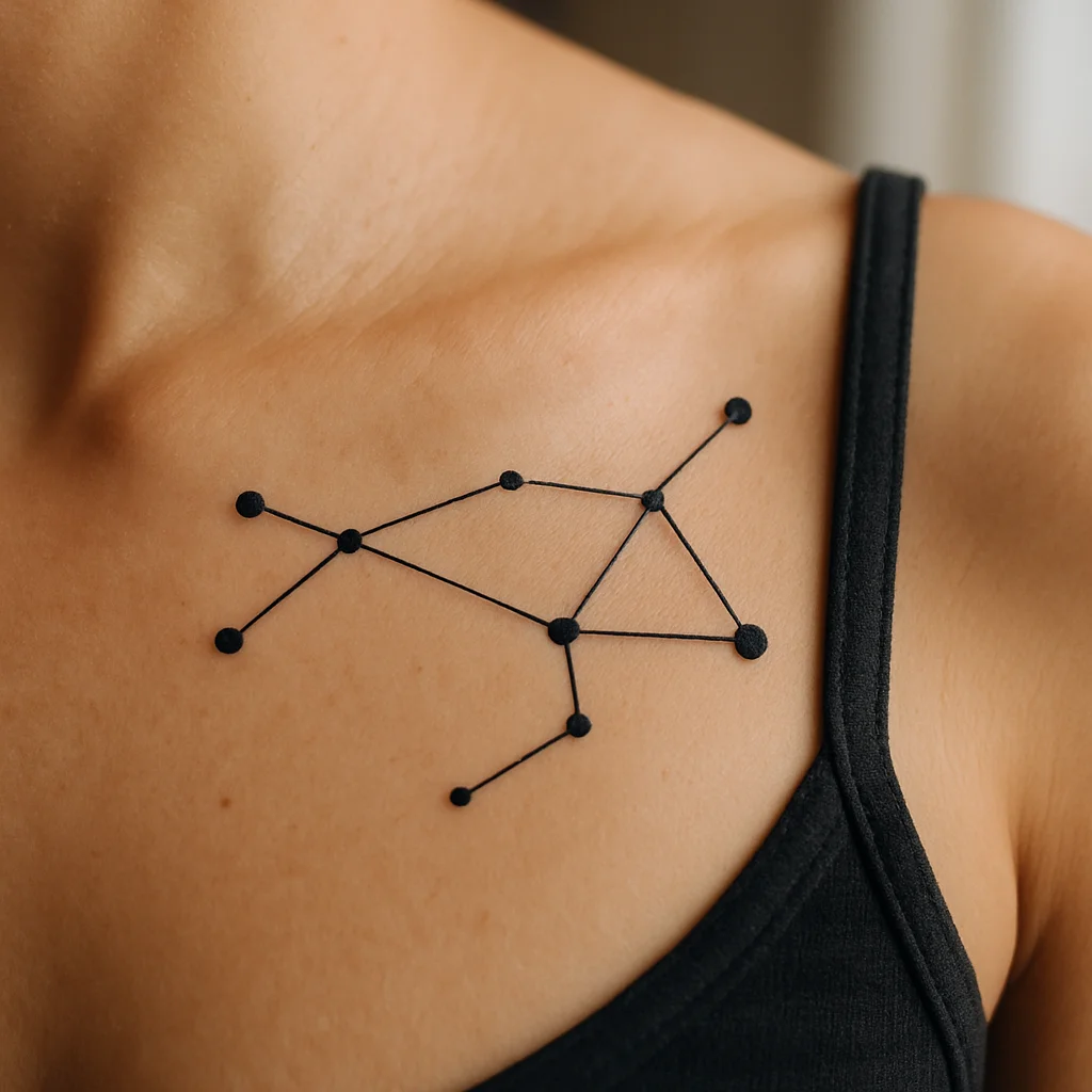 Dotwork constellation tattoo running from the neck down toward the collarbone