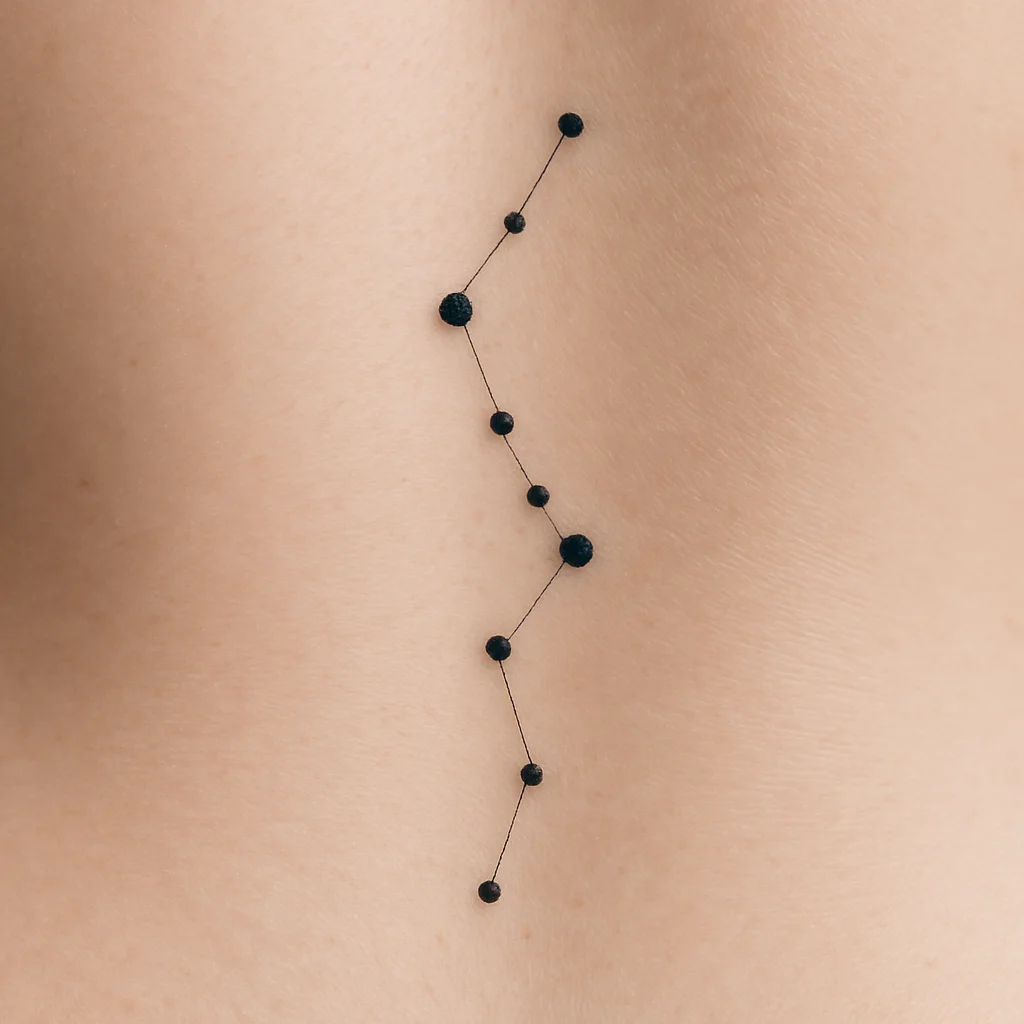 Dotwork constellation with faint connecting line along the thoracic spine