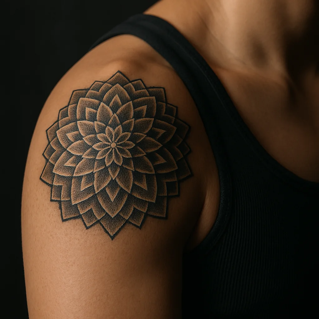 Dotwork geometric mandala tattoo sitting like a pauldron on a man's shoulder cap