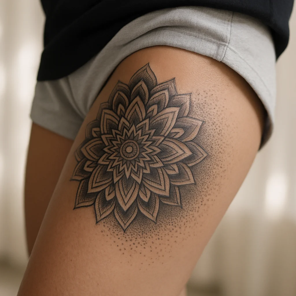 Dotwork half-mandala tattoo radiating from the hip across a man's quad