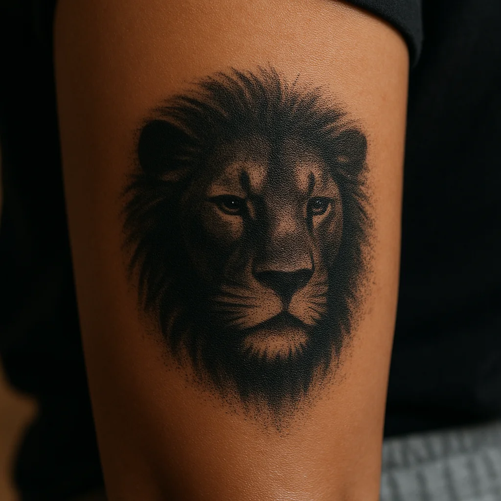 Dotwork lion head with fading mane tattooed on a man's outer forearm