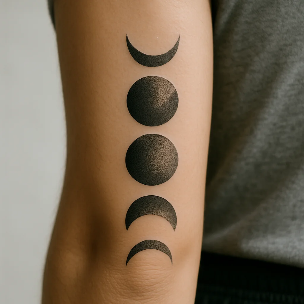 Dotwork moon phase gradient tattoo without outlines on the inner forearm