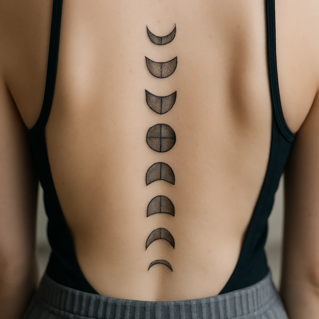 Dotwork moon phase tattoo stacked evenly down the spine