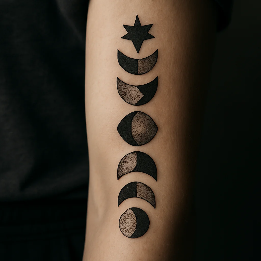 Dotwork moon phases in a vertical column down the inner forearm