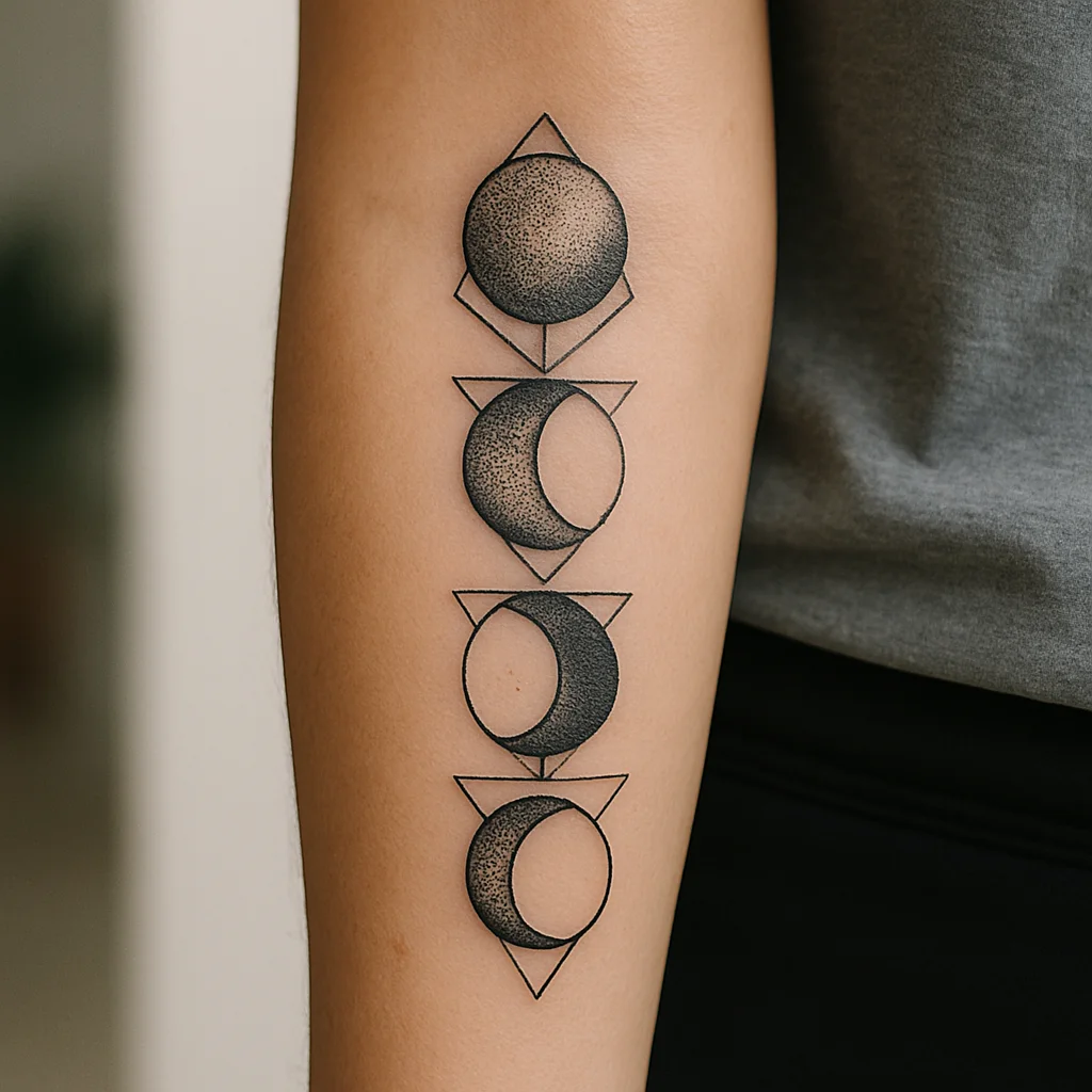 Dotwork moon phases stipple-shaded marching up the inner forearm