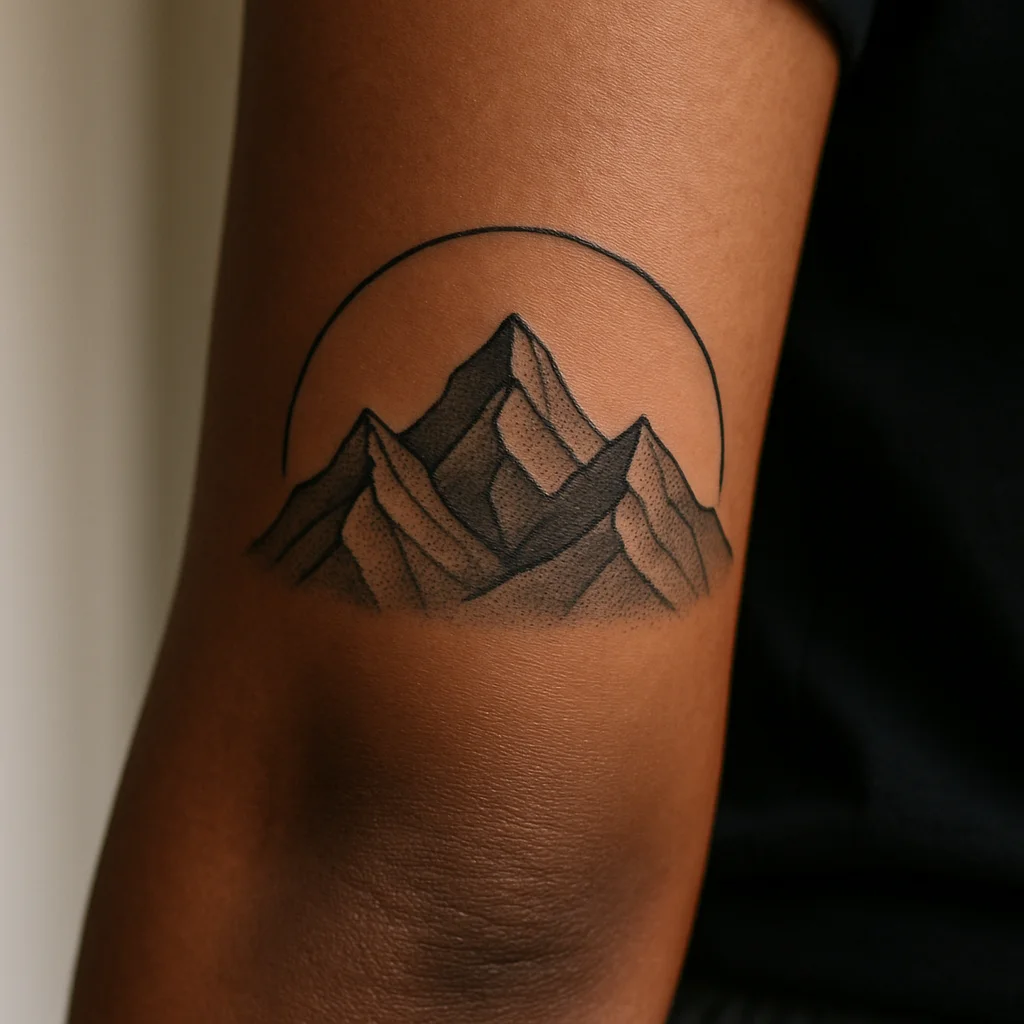 Dotwork mountain range with geometric arc behind the peaks on the outer forearm