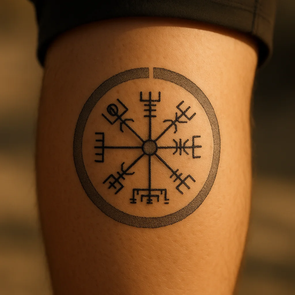 Dotwork Norse vegvisir compass with a broken outer ring tattooed on a man's calf
