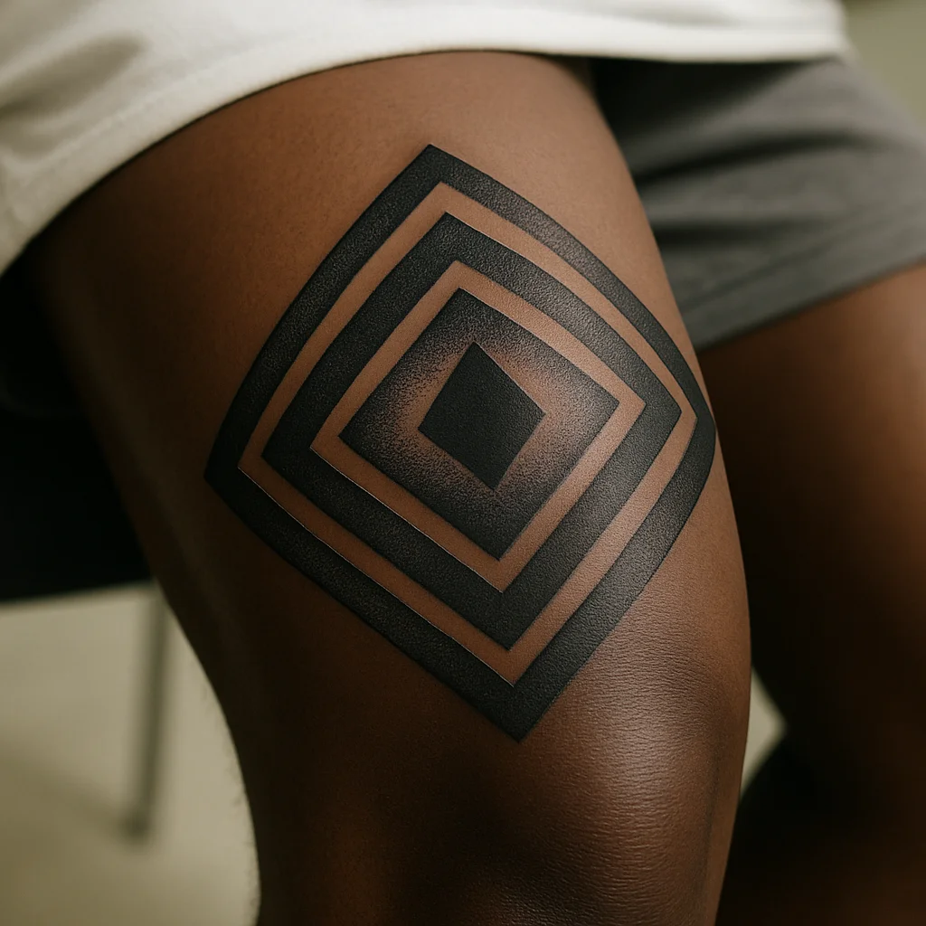 Dotwork sacred geometry leg sleeve with stippled gradients centred above the knee