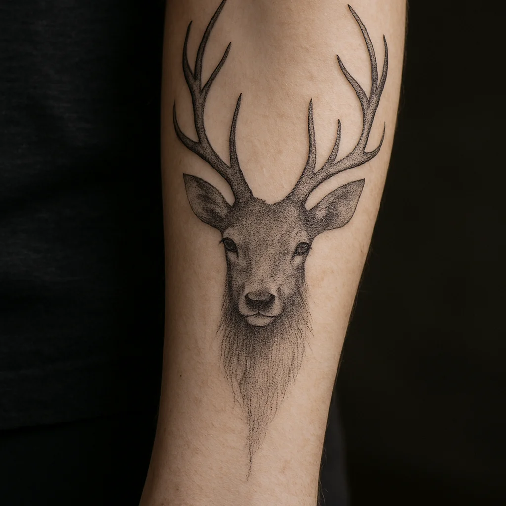 Dotwork stag head with wide antlers reaching the elbow on the outer forearm
