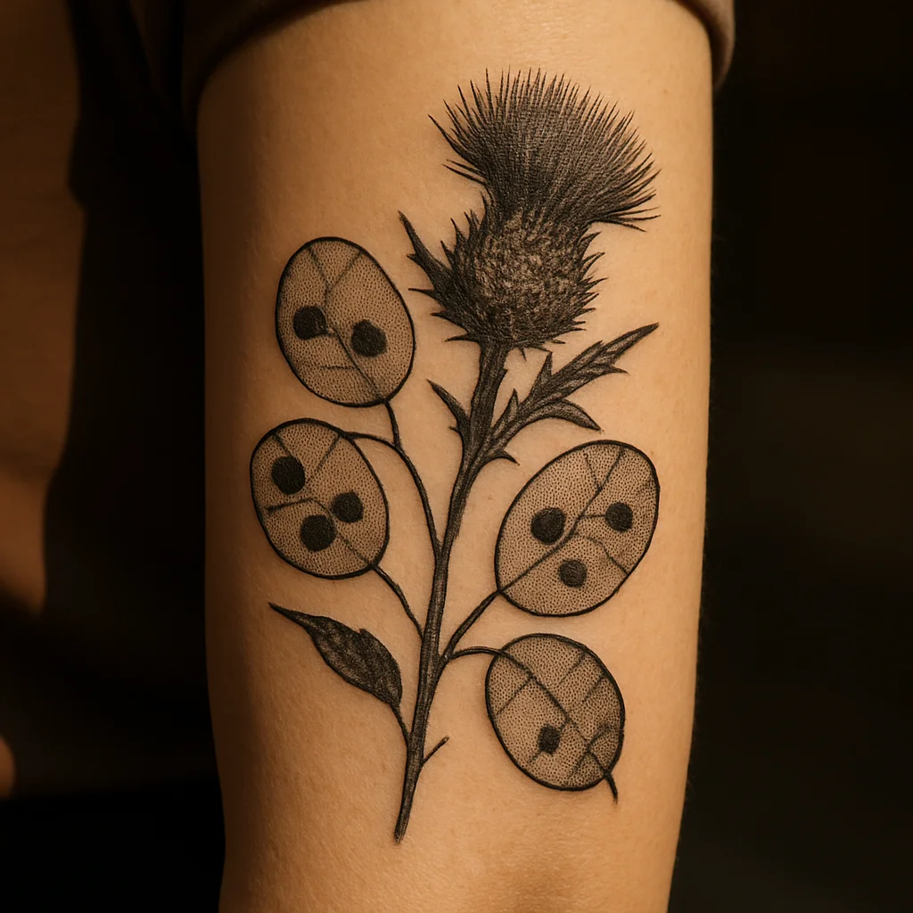 Dotwork thistle and dried seed head tattoo on a woman's outer forearm in blackwork stippling