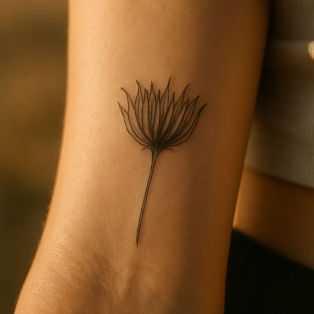 Dried marigold seed head in fine black linework tattooed on the inner wrist