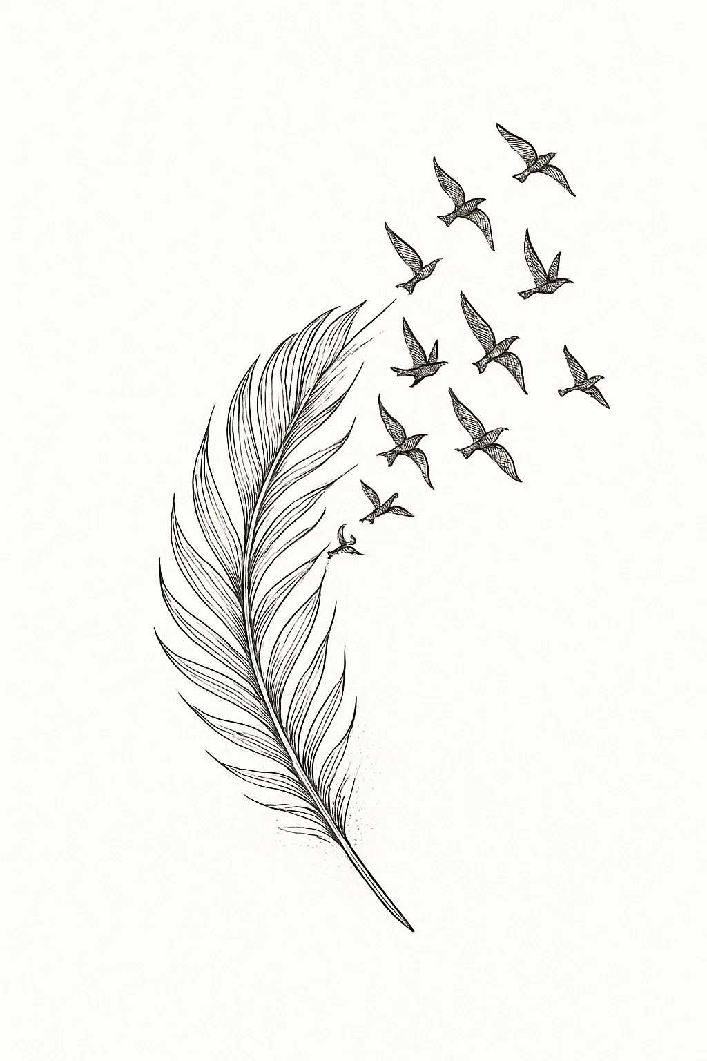 Drifting feather splitting into birds tattoo design, black fine-line flash