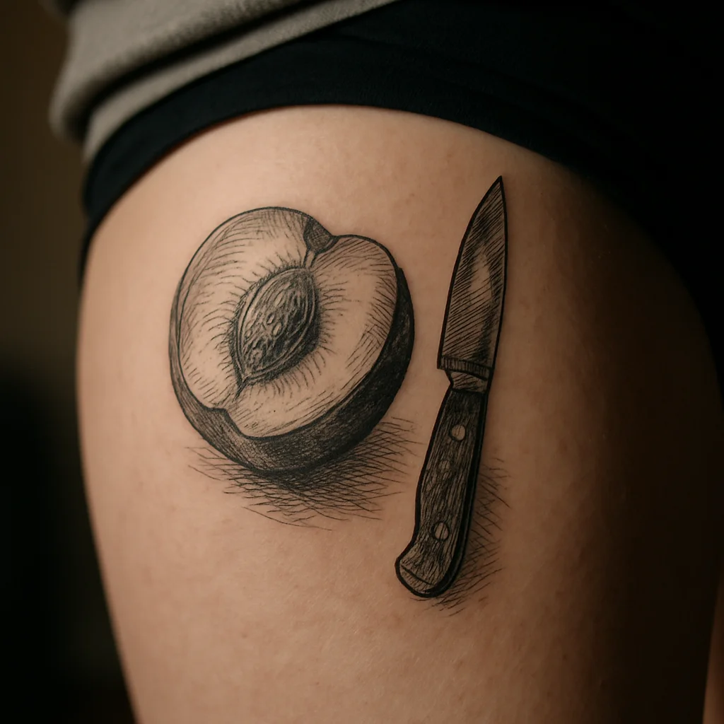 Etched still life tattoo of a halved peach and paring knife on the inner thigh