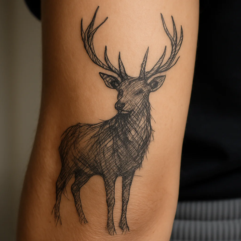 Etching-style cross-hatched stag tattoo with wide antlers on a man's outer forearm