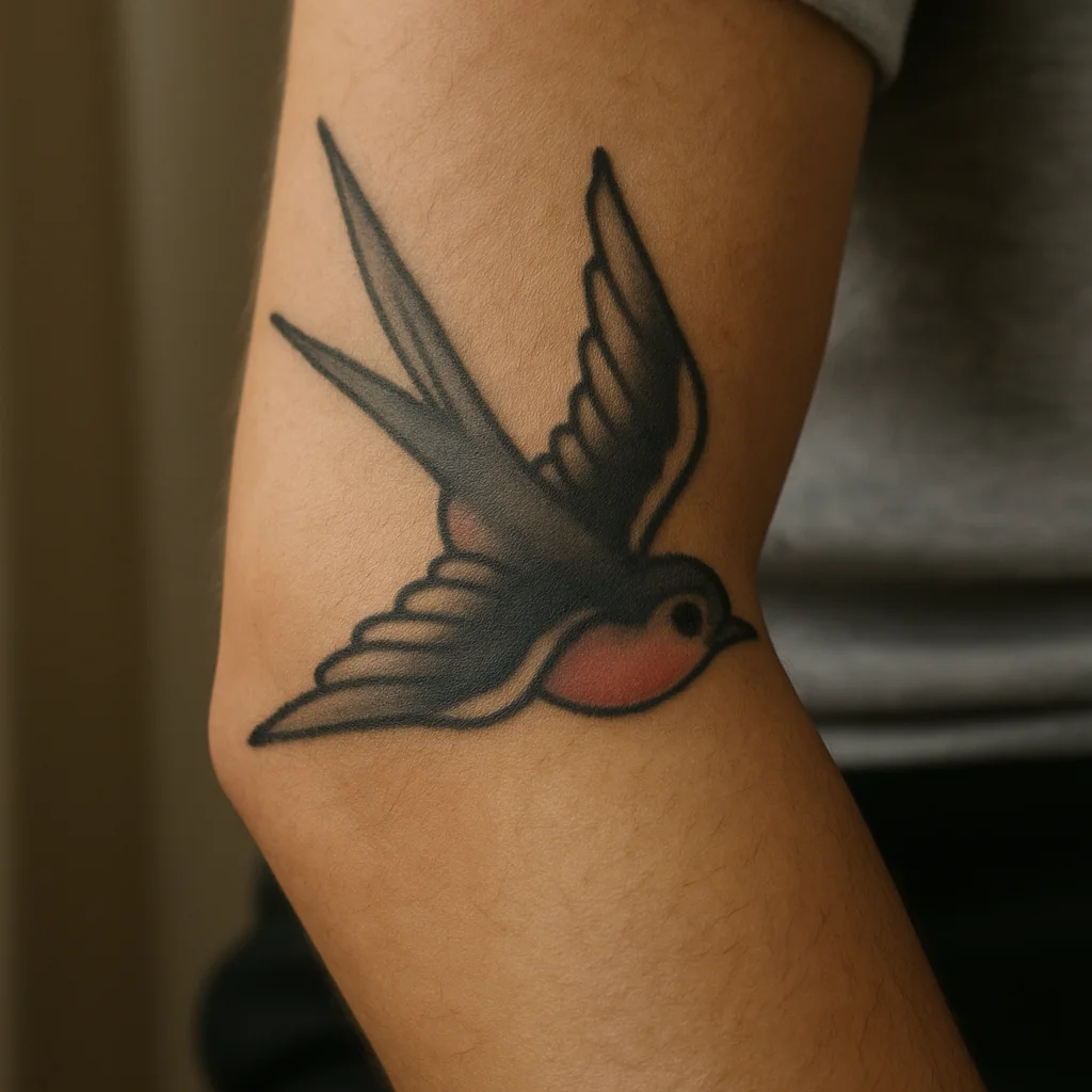 Faded traditional swallow tattoo with black outline and red chest on an outer forearm, aged ink that lasers well
