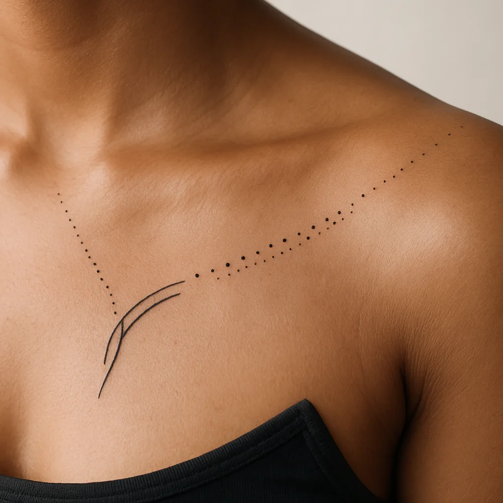 Fading dot gradient tattoo thinning from sternum to shoulder along the collarbone