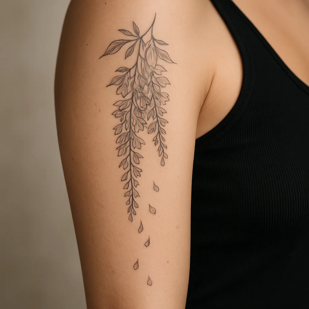 Falling wisteria half sleeve fading into single petals down the upper arm