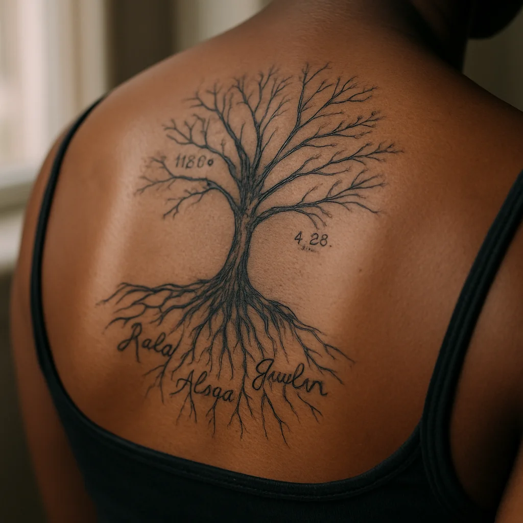Family tree tattoo with children's names on the roots and birthdates on branch tips, shoulder blade