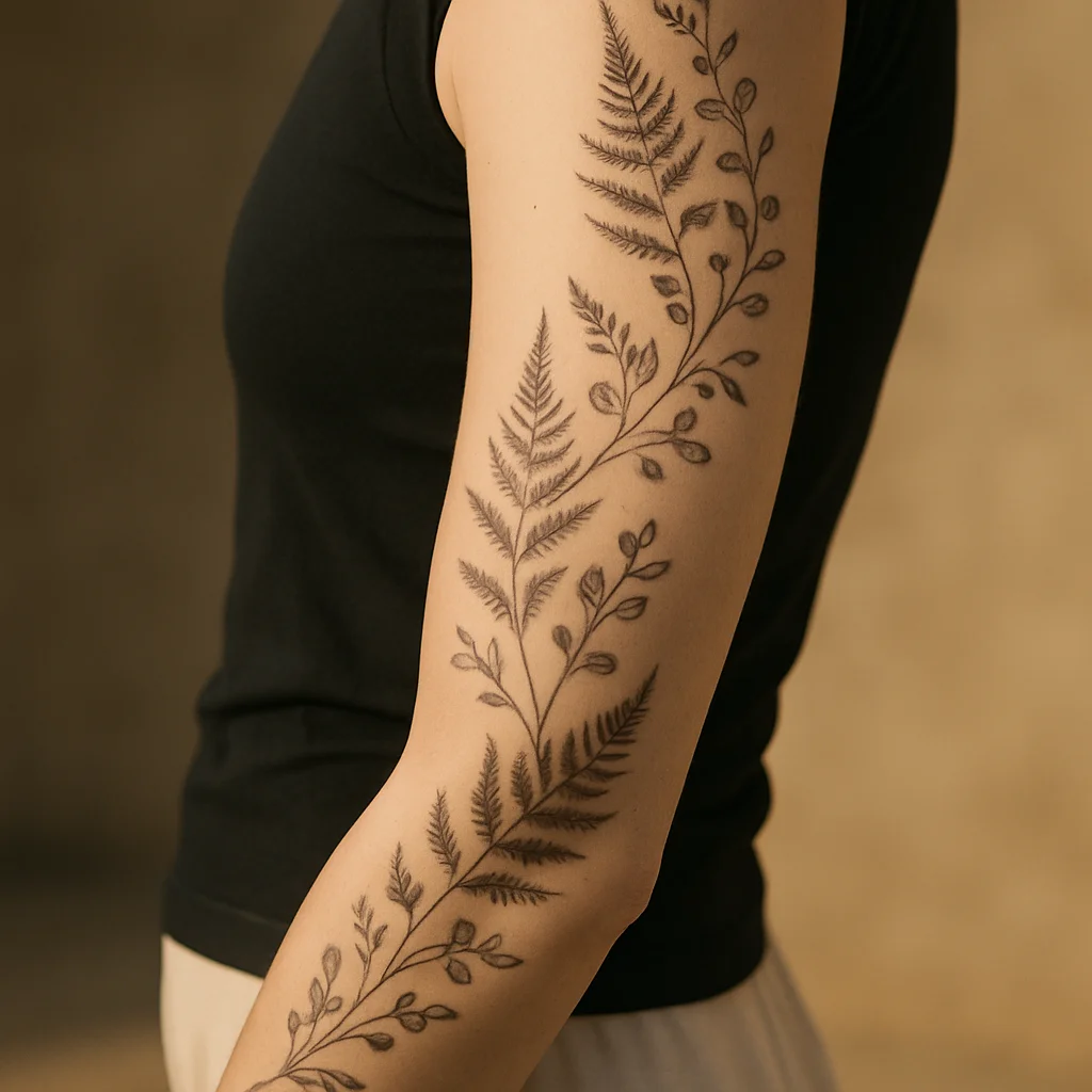 Fern and eucalyptus wrap sleeve tattoo spiralling the arm in fine-line black and grey