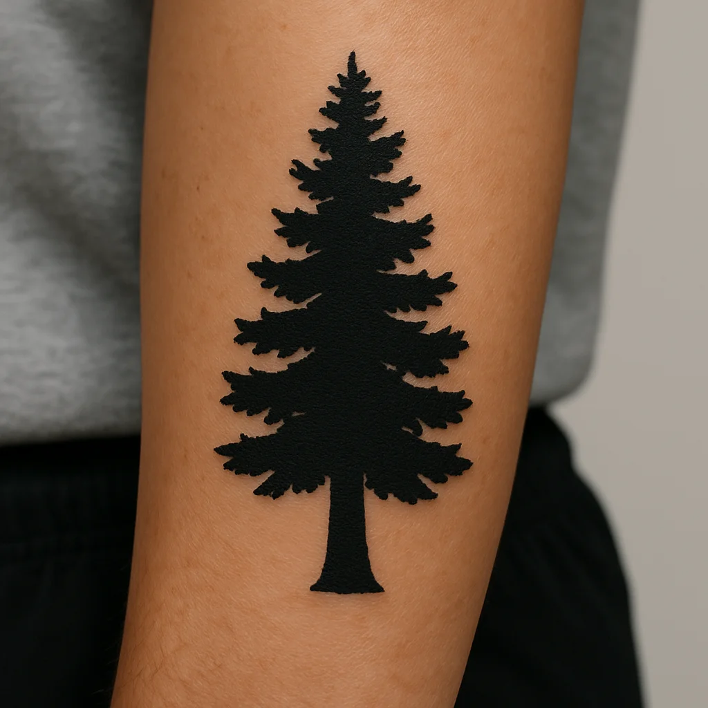 Filled black pine tree silhouette, blackwork micro tattoo on outer forearm