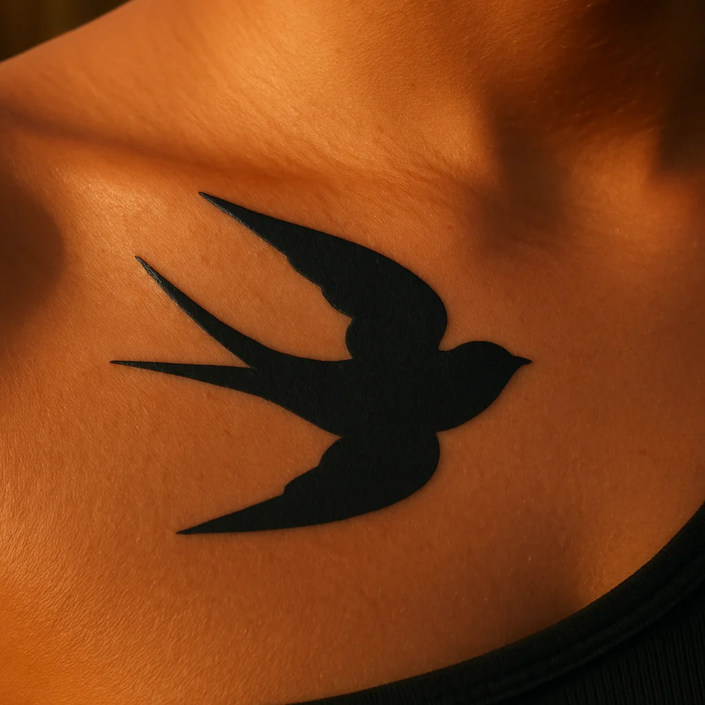 Filled swallow silhouette in crescent-and-fork shape, blackwork tiny tattoo on collarbone