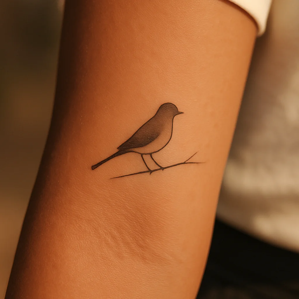 Fine-line adult bird on a branch tattooed on the inner forearm as half of a mother-daughter pair