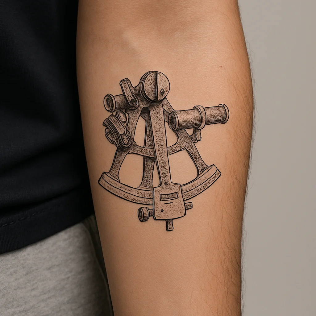 Fine-line antique sextant tattoo with stippled shading on the inner forearm