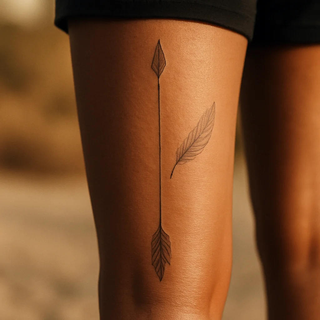 Fine-line arrow with a falling feather tattooed vertically on a man's calf