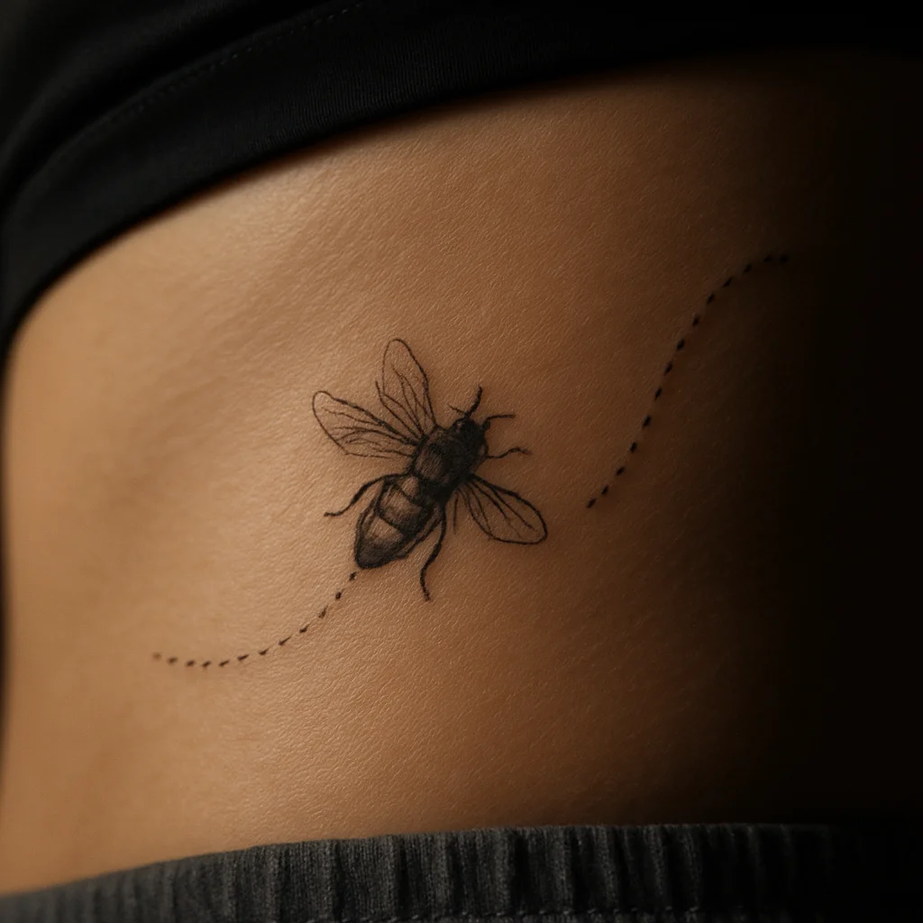 Fine-line bee with dotted flight path arcing across the side of the ribcage