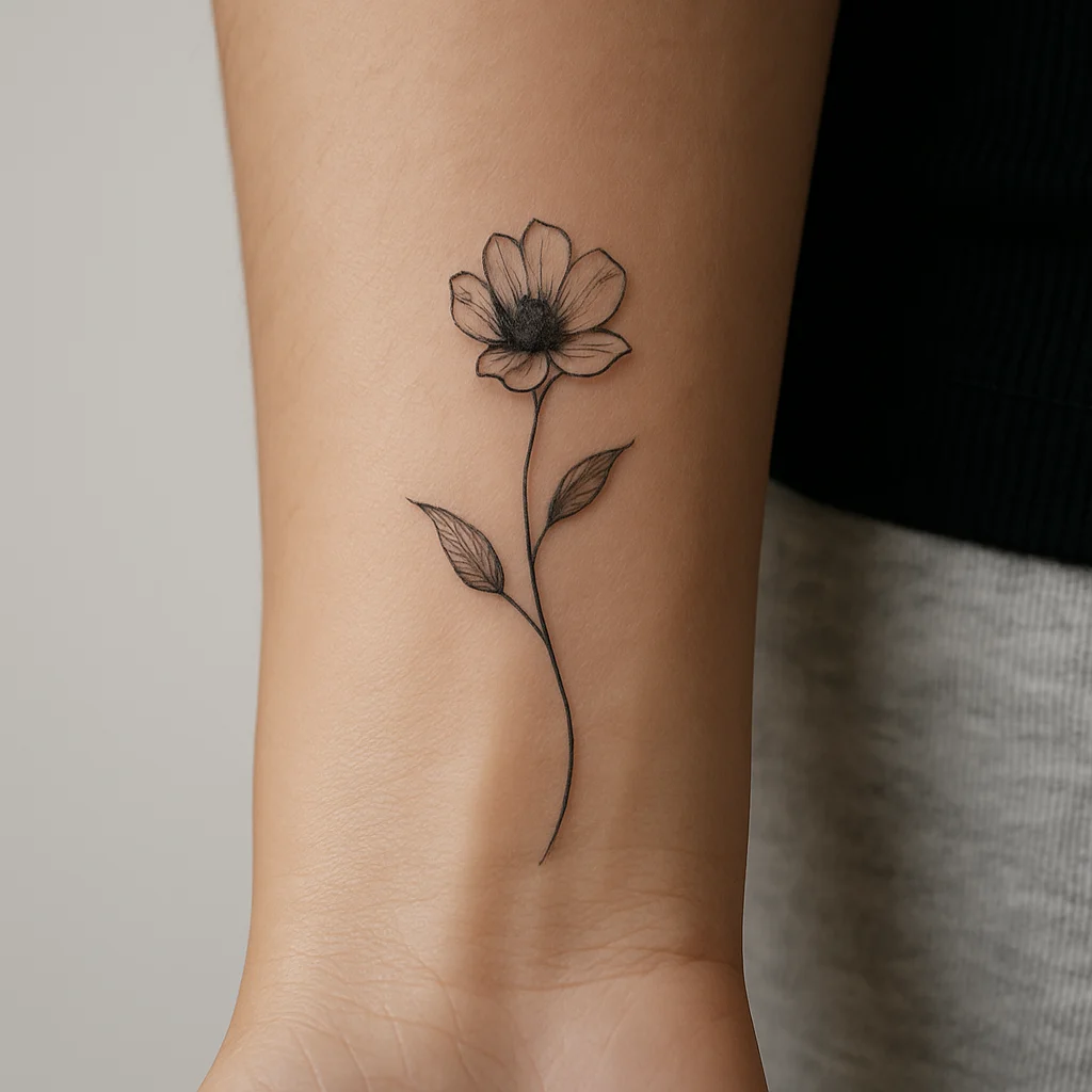 Fine-line birth flower sprig tattoo with a curved stem on the inner wrist