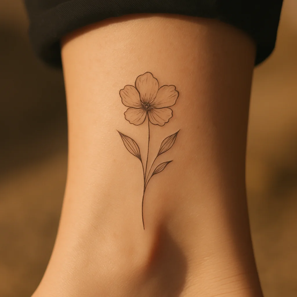 Fine-line birth flower tattooed on the ankle to match a second, different birth flower