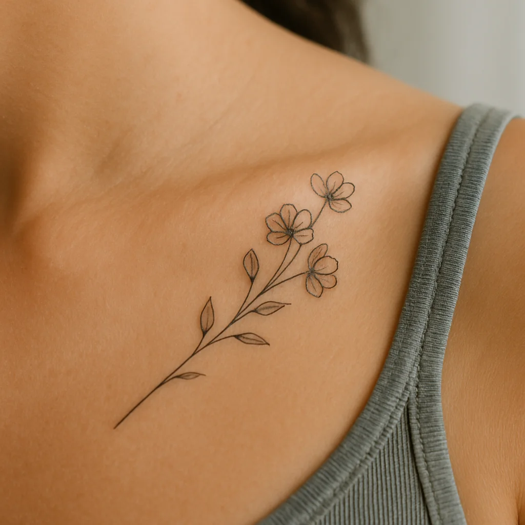 Fine-line birth-month flower sprig tattooed along the collarbone