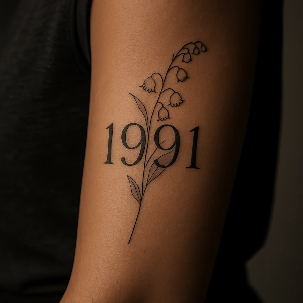 Fine-line birth year numerals with a lily of the valley stem threaded behind them on the inner forearm