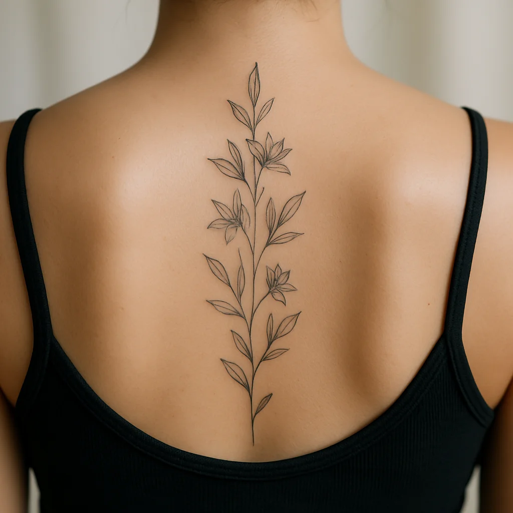 Fine-line botanical back tattoo running from the nape down the upper back on a woman
