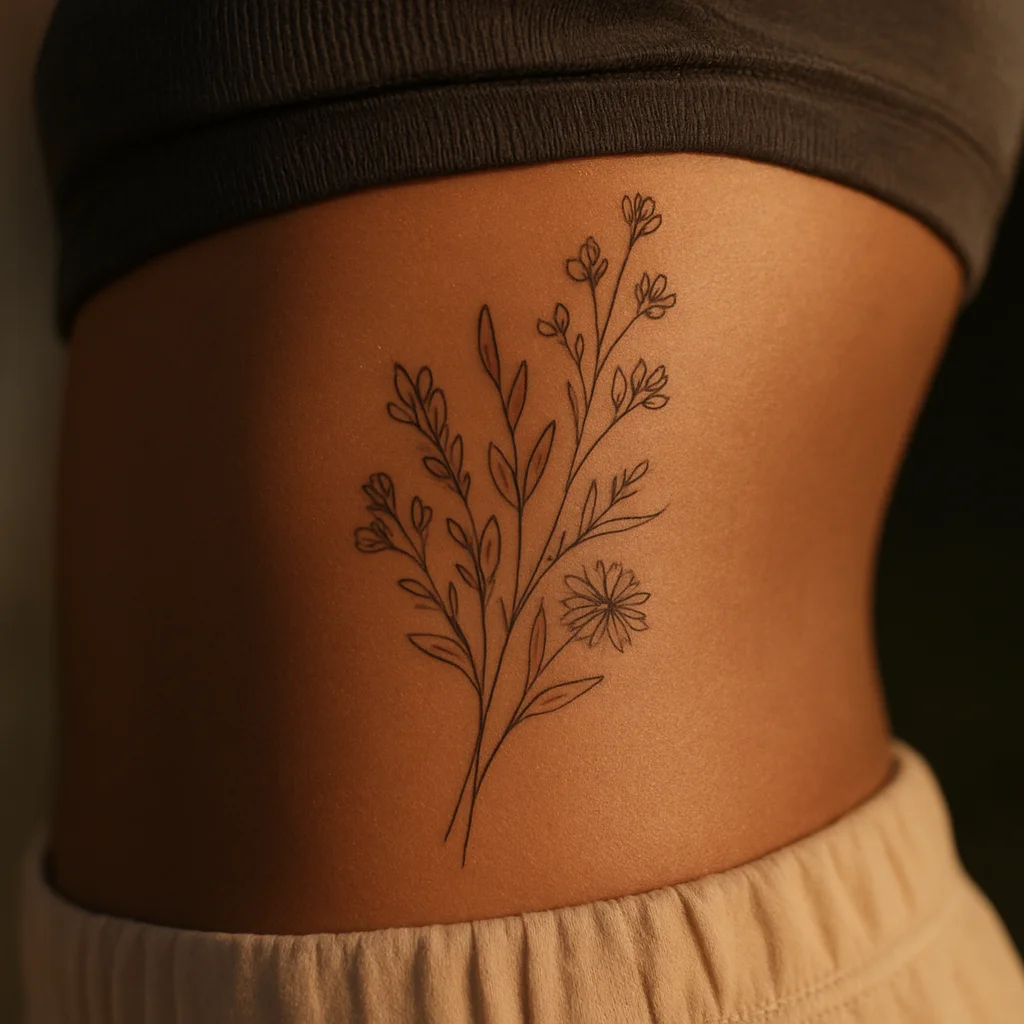 Fine-line botanical bouquet fanning upward from the lowest rib along the waistline