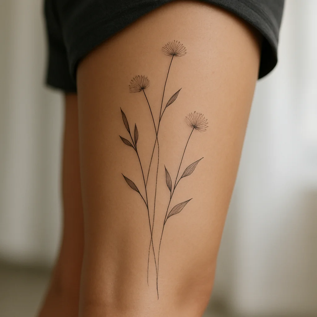 Fine-line botanical leg sleeve with delicate stems and seed heads and open bare skin