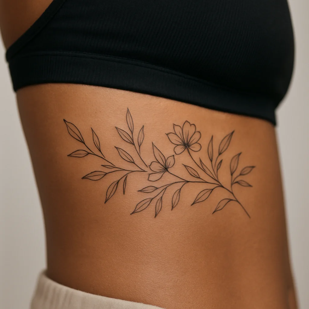 Fine-line botanical rib tattoo healing along the under-bust band on the side of the ribcage