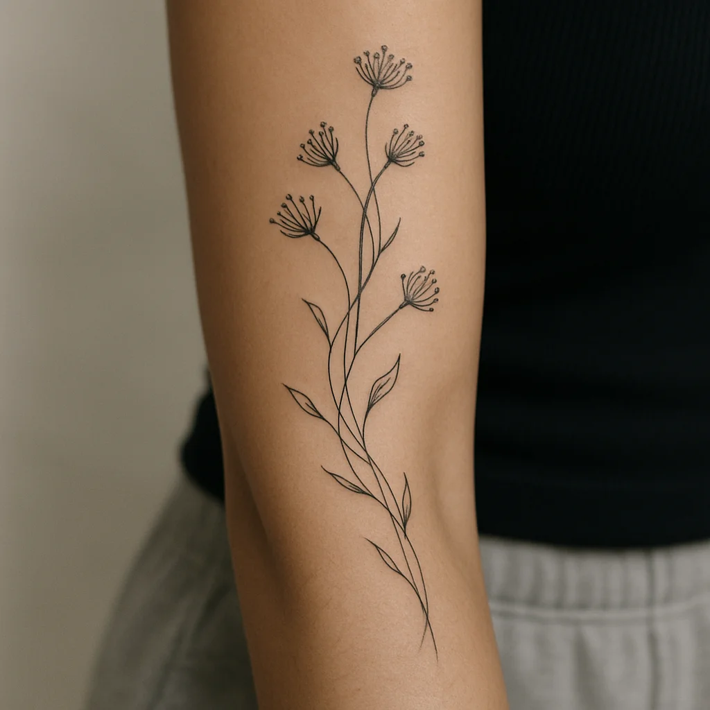 Fine-line botanical sleeve with stems and seed heads spiralling along the inner forearm