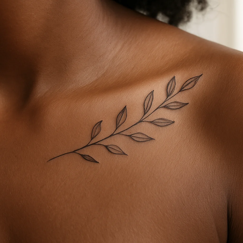 Fine-line botanical sprig tattoo along the collarbone, delicate thin linework on stable skin