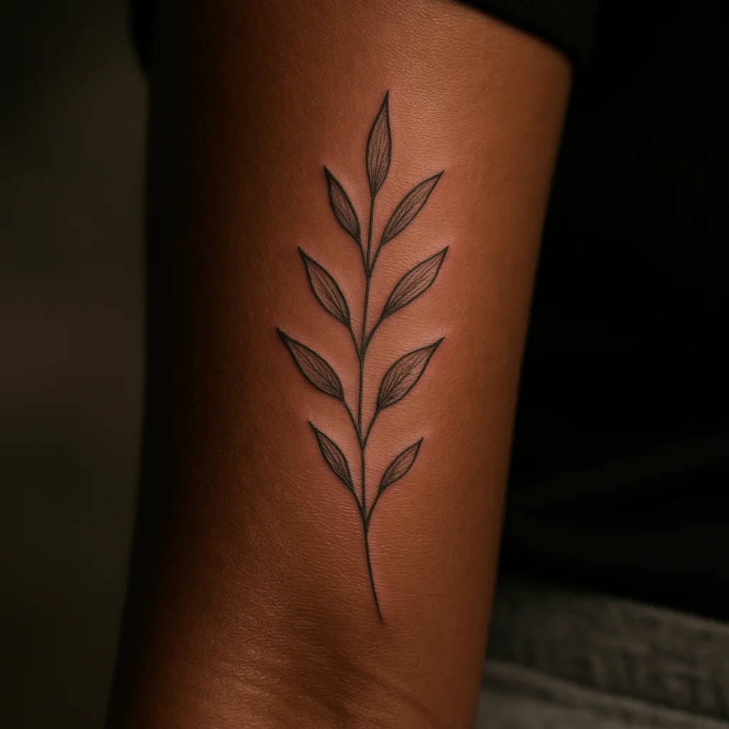 Fine-line botanical sprig tattoo on the inner forearm in the first days of normal healing with slight pink edges
