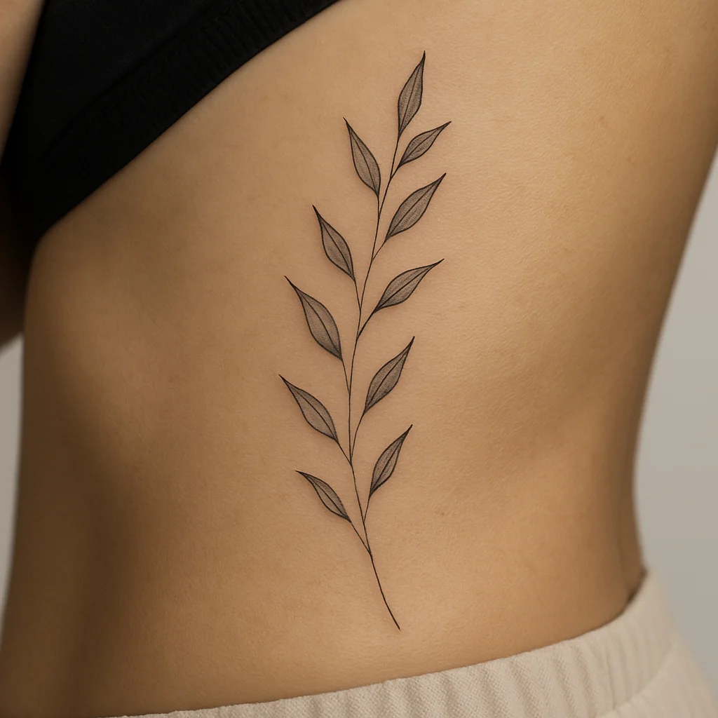 Fine-line botanical stem following the diagonal rib line on the side of the ribcage