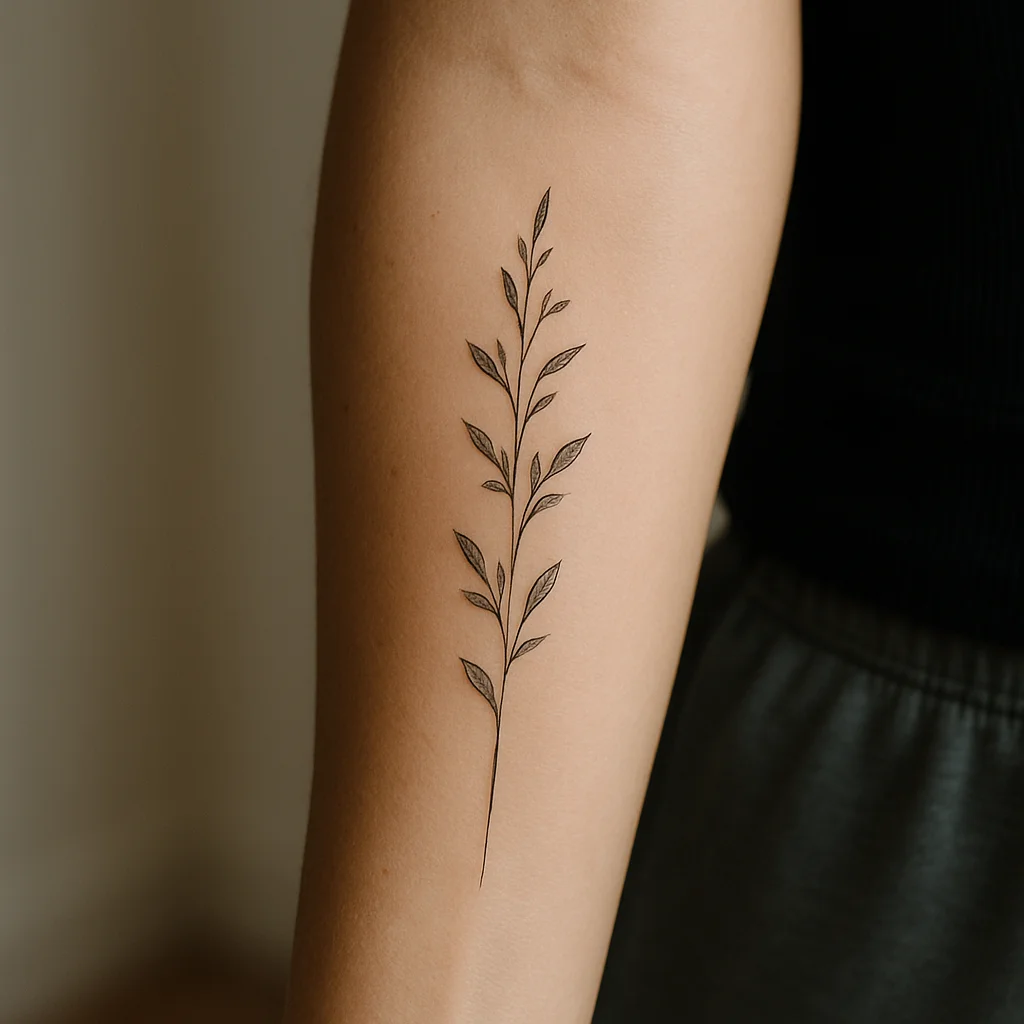 Fine-line botanical stem running vertically down the inner forearm with space left at wrist and elbow