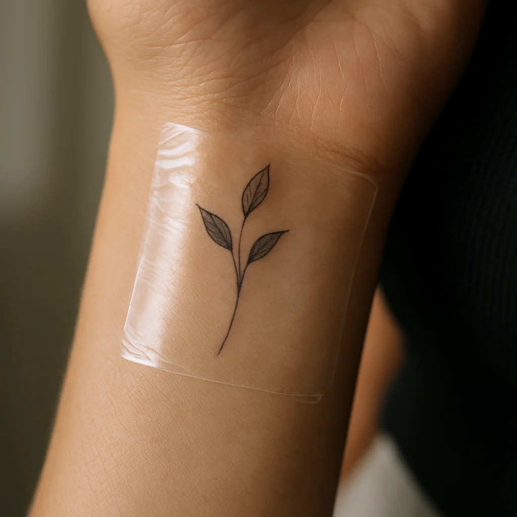 Fine-line botanical stem tattoo on an inner wrist under a freshly applied second skin sheet