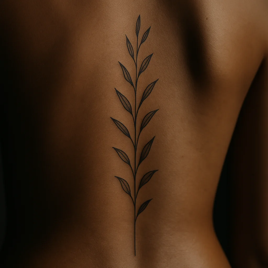 Fine-line botanical stem tattoo running 20 cm down the lower spine along the vertebrae