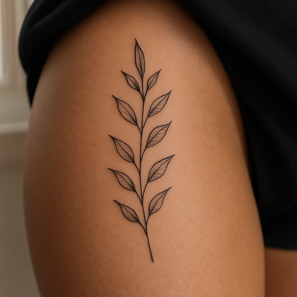 Fine-line botanical stem tattoo running vertically down the inner thigh with bold outlines
