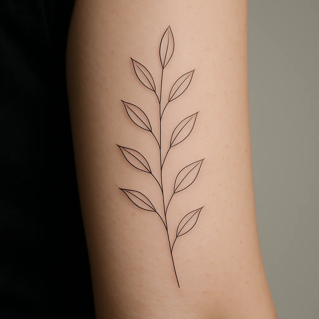 Fine-line botanical stem tattoo with wide open line spacing on the inner forearm, healed and softly settled