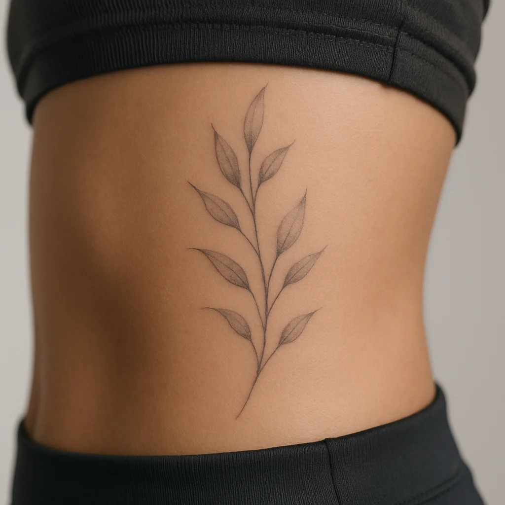 Fine-line botanical tattoo looking hazy under new skin at two weeks on the ribcage