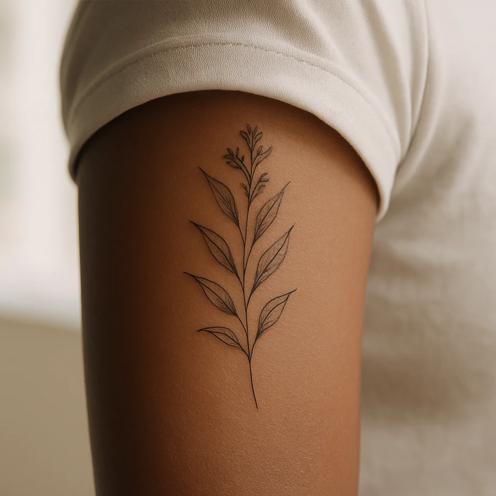 Fine-line botanical tattoo placed above the t-shirt sleeve line on a woman's upper arm